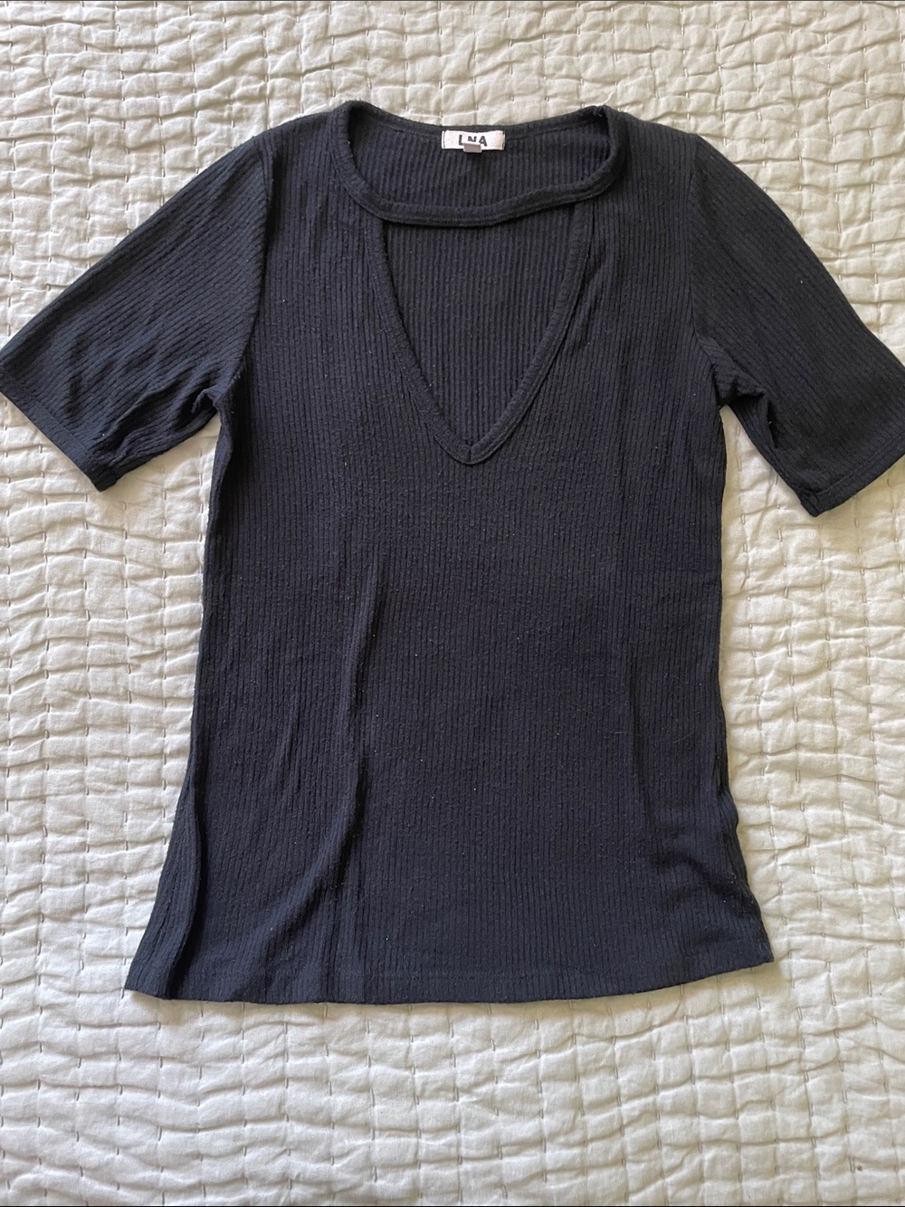 LNA Black Ribbed Deep V Short Sleeve Tee
